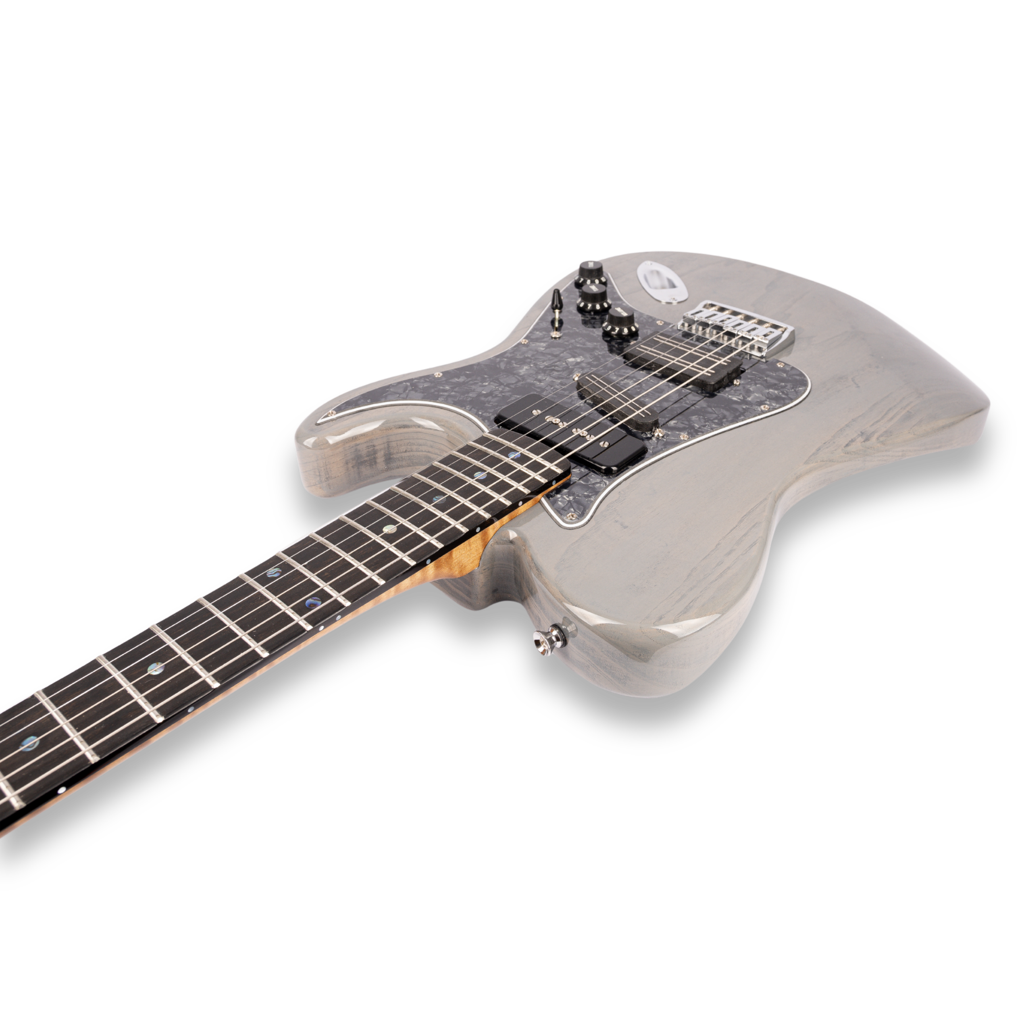 Angled front view of a grey-finish Lewis Guitarworks Pícaro electric guitar