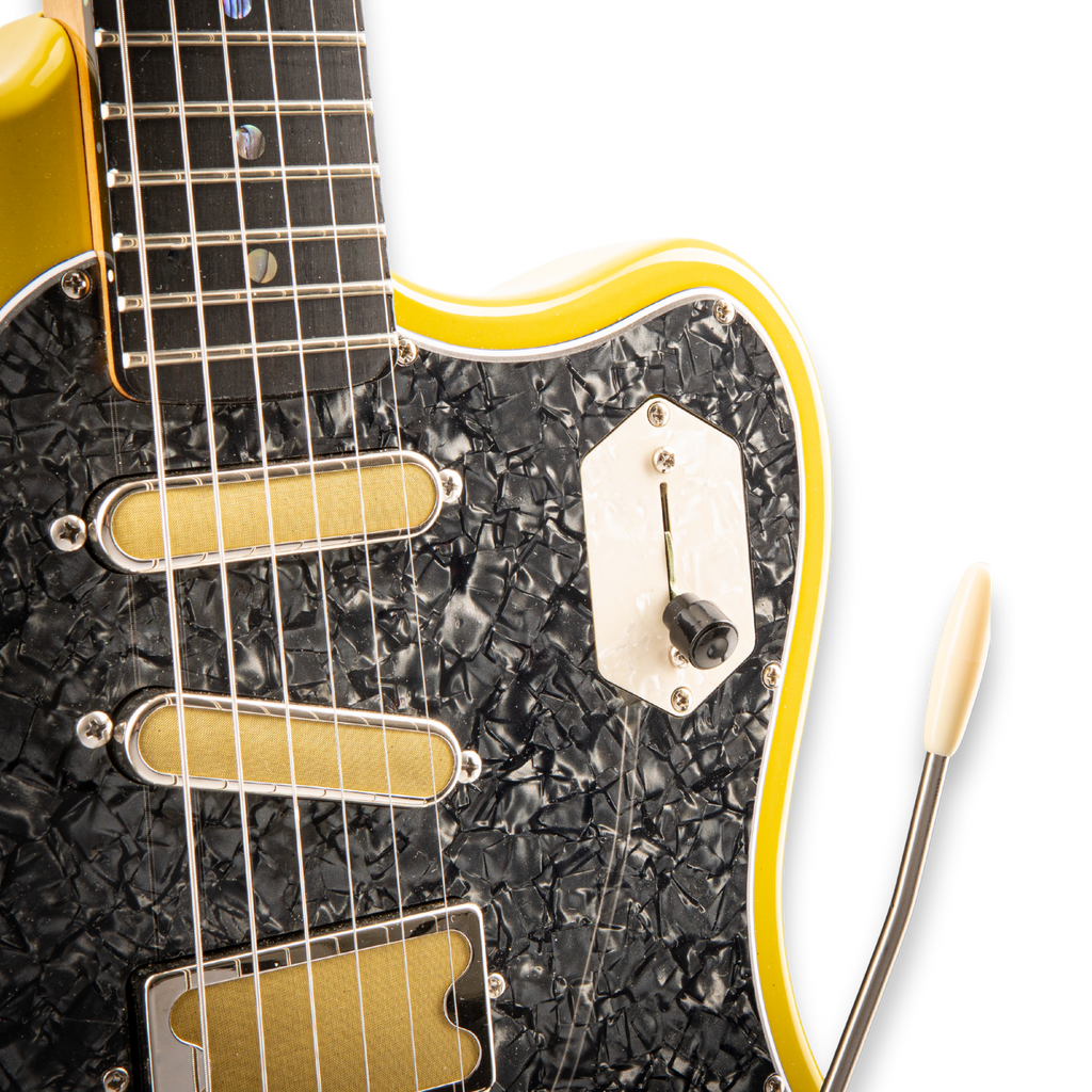 Close-up of the Lewis Guitarworks Amigo Del Surf pickups, selector and pearloid pickguard