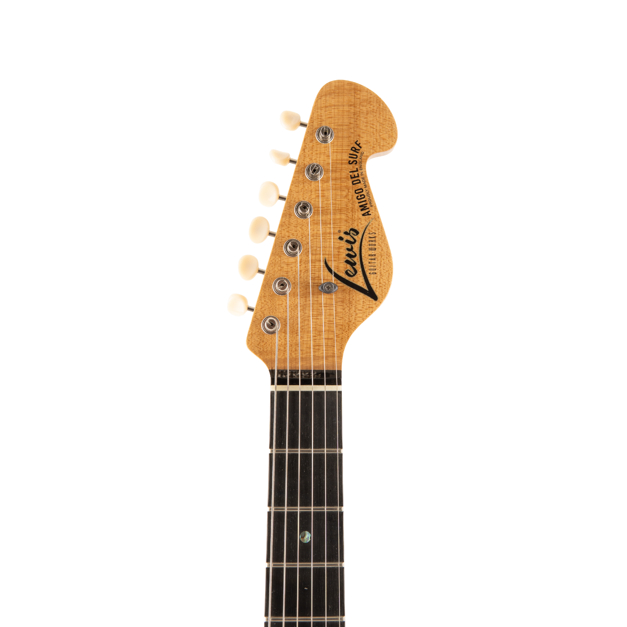 Lewis Guitarworks Amigo Del Surf headstock and upper rosewood fingerboard