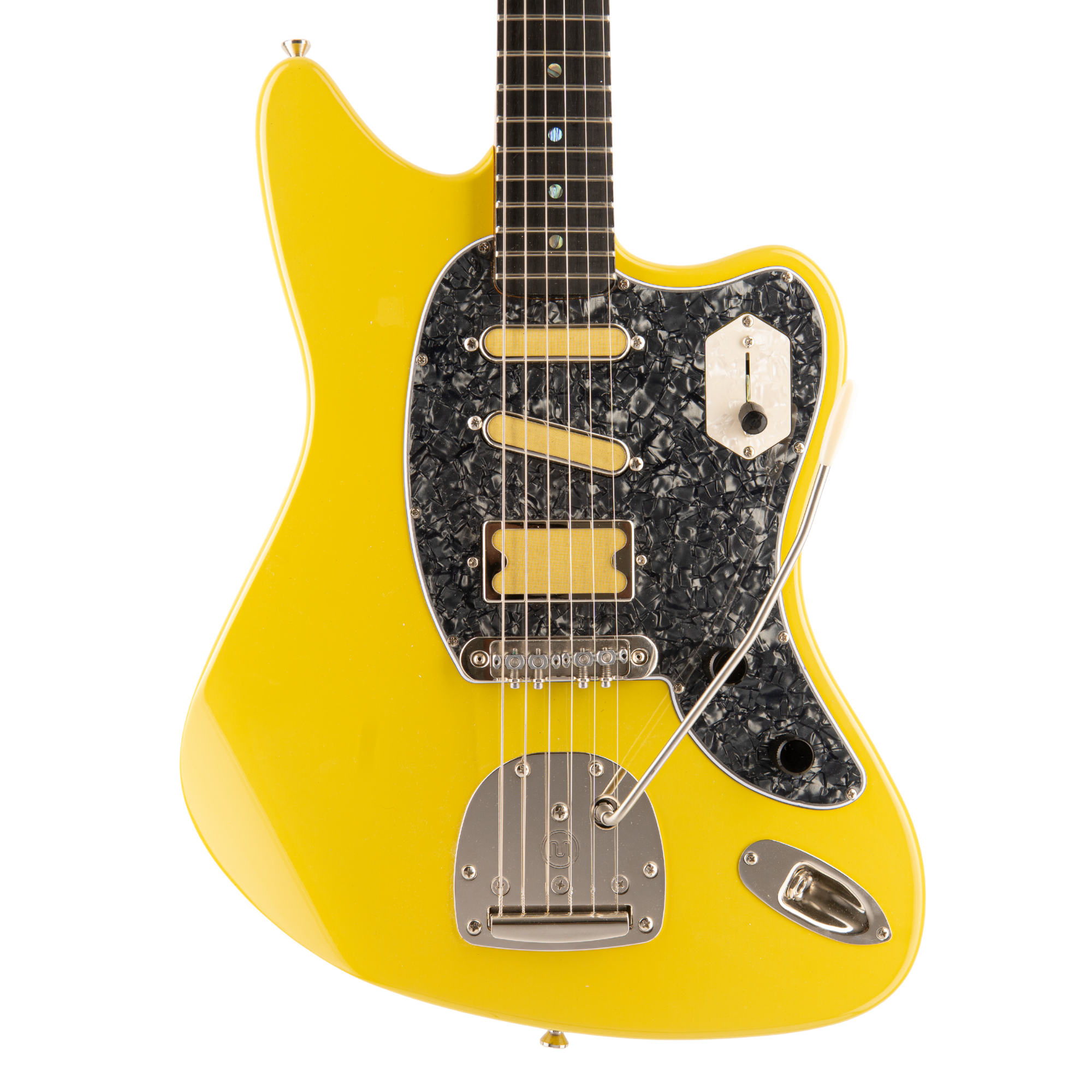 Front body detail of the yellow Lewis Guitarworks Amigo Del Surf with pickups and offset vibrato