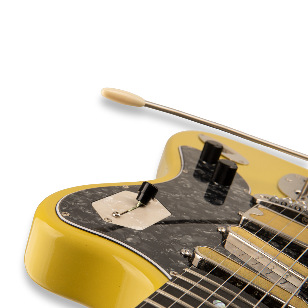 Close-up of the Amigo Del Surf selector, control knobs and vibrato arm