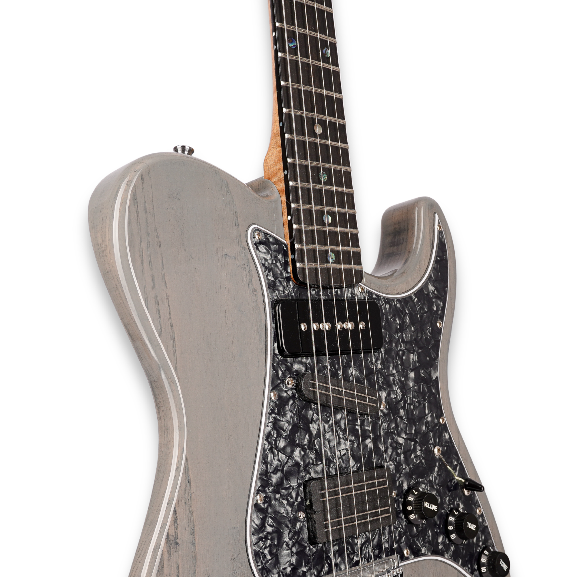 Close-up of the grey-finish Lewis Guitarworks Pícaro body, neck and pickups