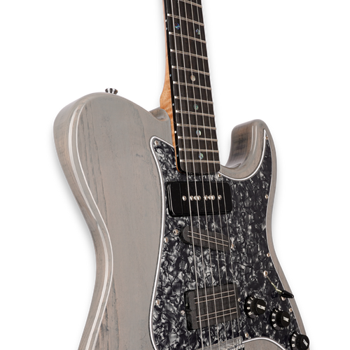 Close-up of the grey-finish Lewis Guitarworks Pícaro body, neck and pickups