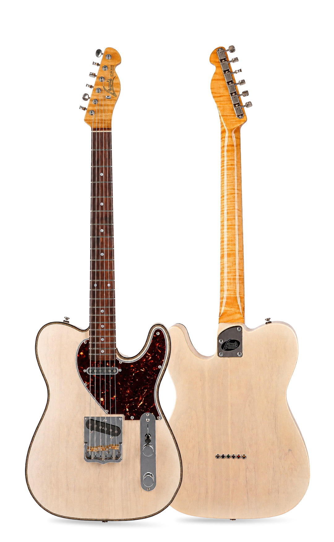 Front and rear views of a natural-finish Lewis Guitarworks Tañido electric guitar