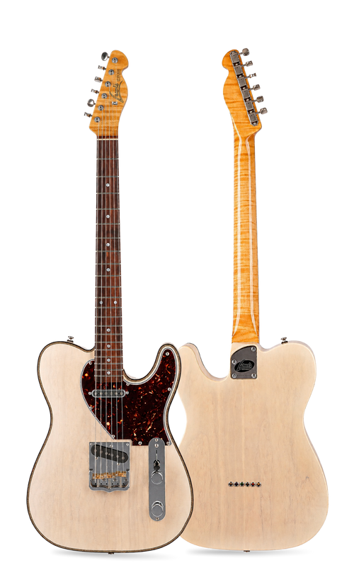 Front and rear views of a natural-finish Lewis Guitarworks Tañido electric guitar