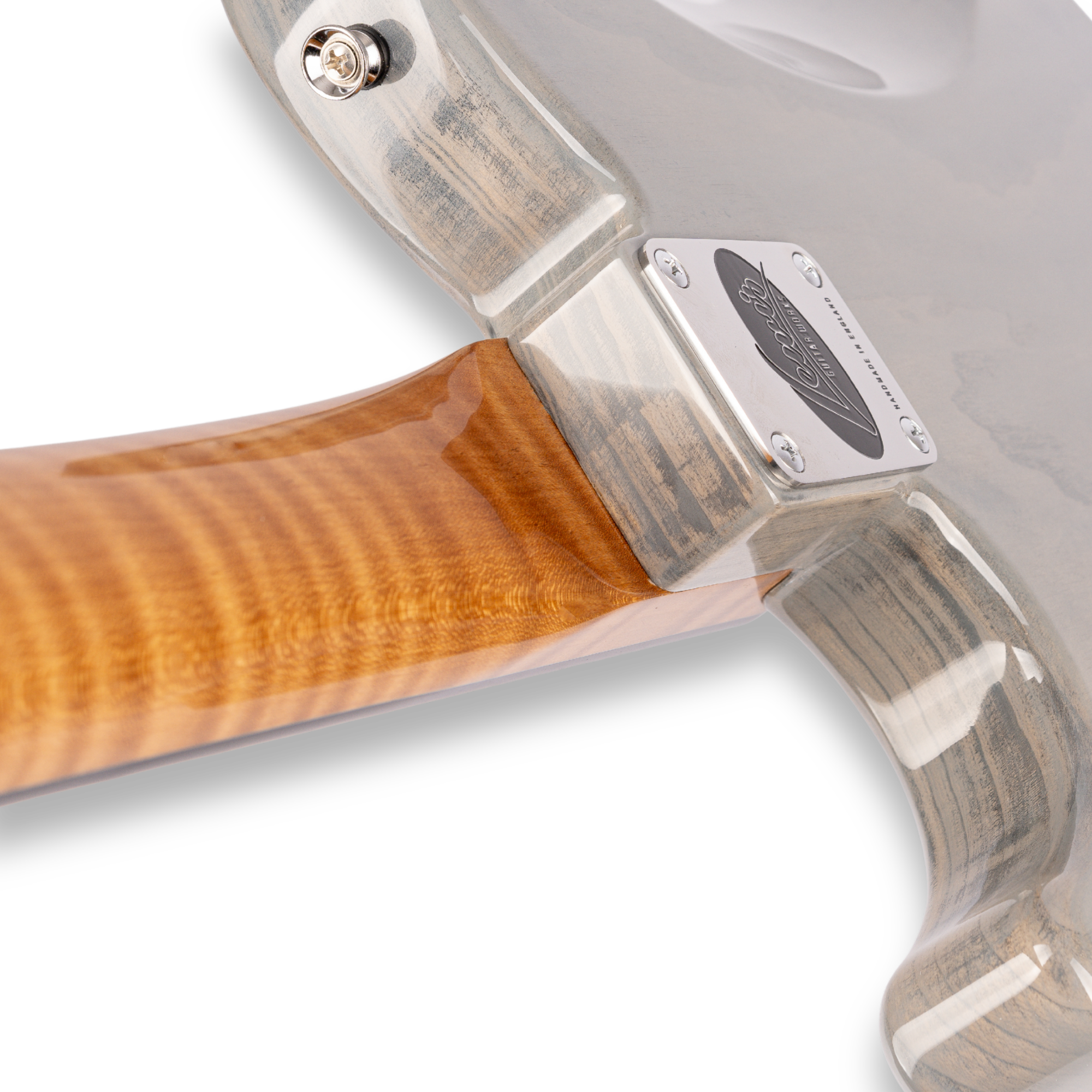 Close-up of the roasted maple neck joint and rear body contour on a Lewis Guitarworks Pícaro