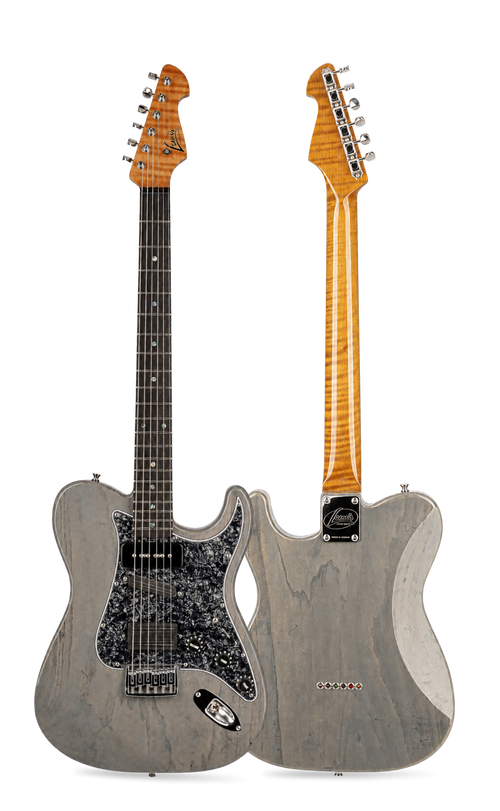 Front and rear views of a grey-finish Lewis Guitarworks Pícaro electric guitar