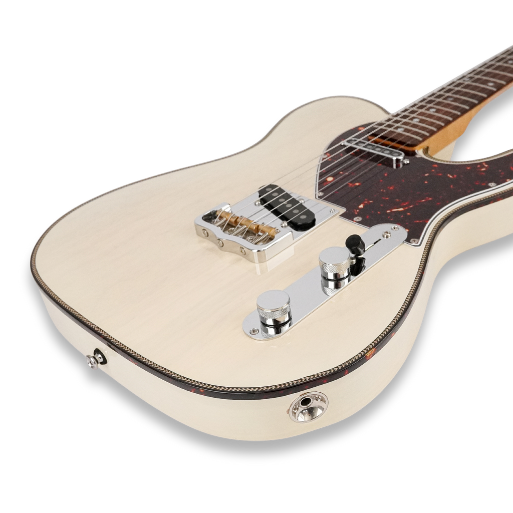Close-up of the natural-finish Lewis Guitarworks Tañido body, bridge, controls and tortoiseshell pickguard