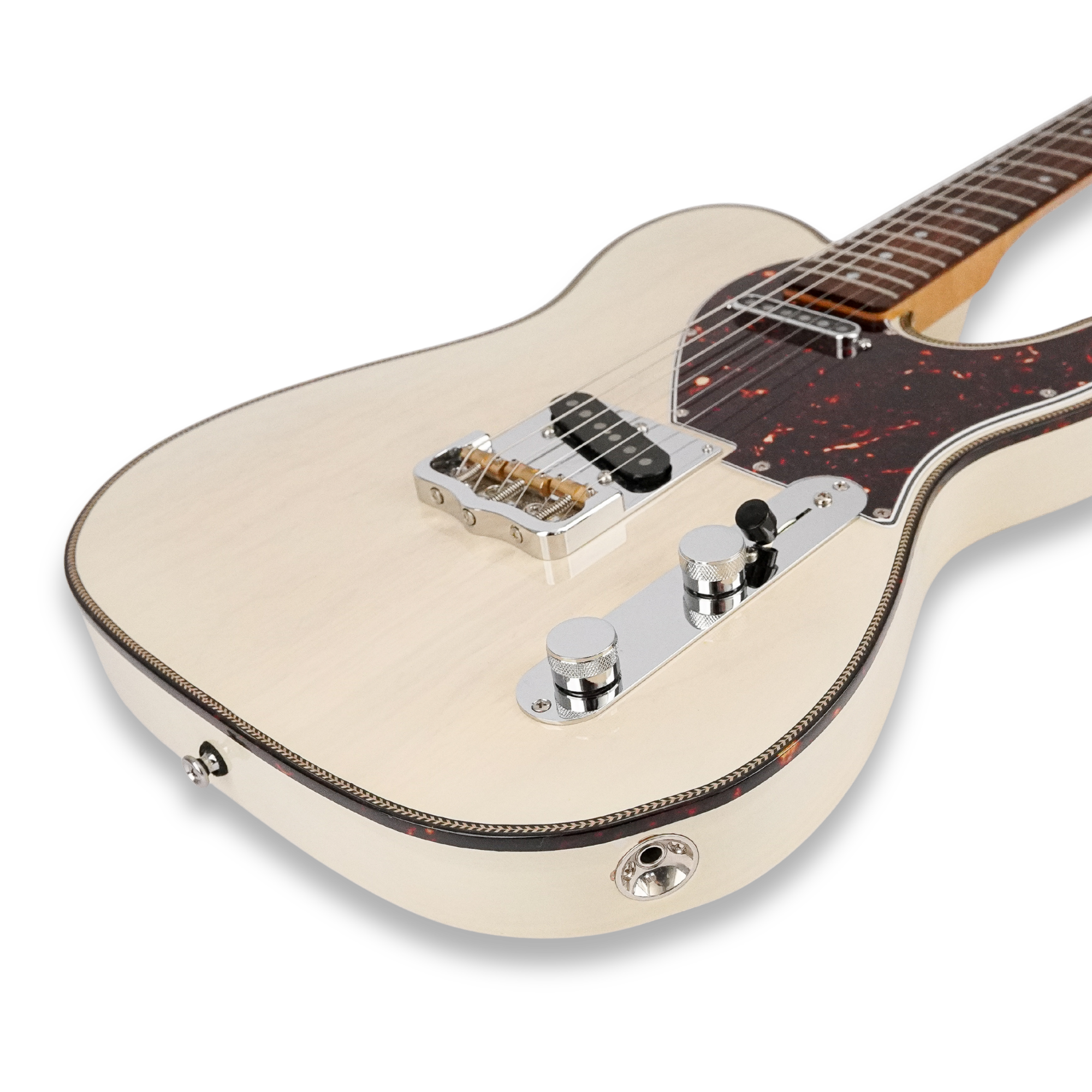 Close-up of the natural-finish Lewis Guitarworks Tañido body, bridge, controls and tortoiseshell pickguard