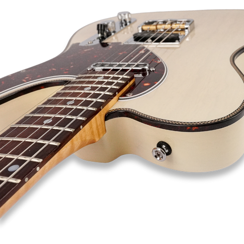 Close-up of the natural-finish Lewis Guitarworks Tañido body, pickups and bound neck