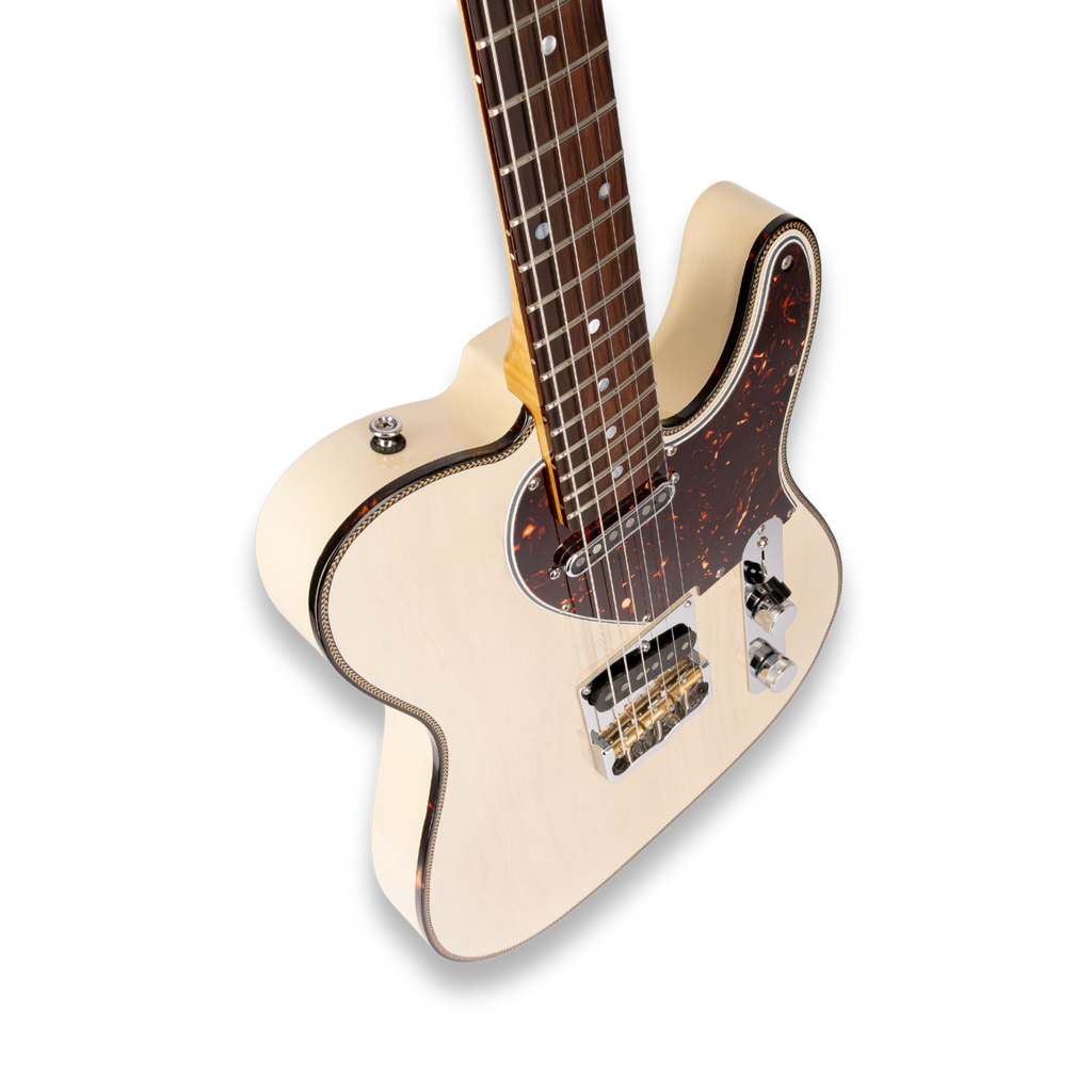 Angled front view of a natural-finish Lewis Guitarworks Tañido electric guitar