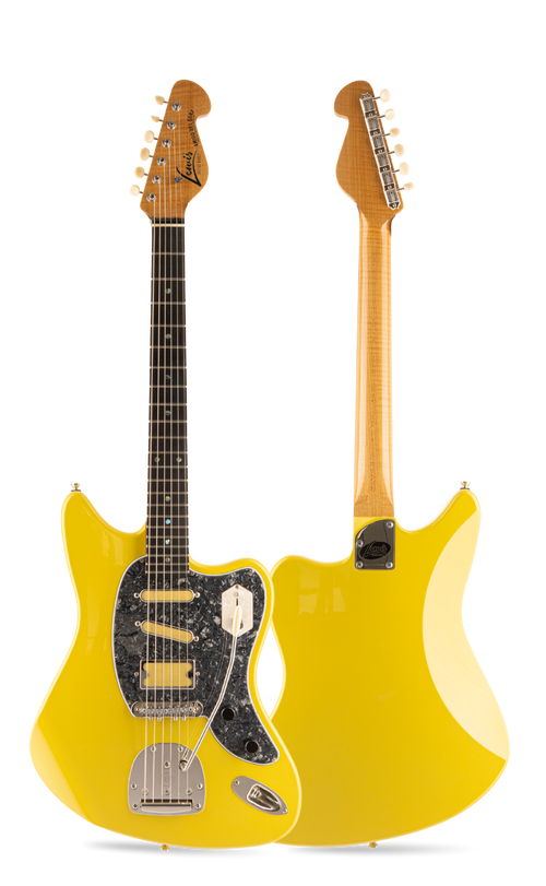 Front and rear views of a yellow Lewis Guitarworks Amigo Del Surf offset electric guitar